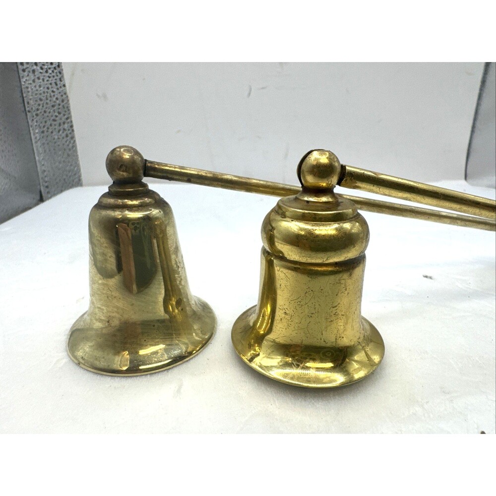 VTG  Brass 9 & 8 In Candle Snuffers Set of 2 Hinged Bell Candle Extinguishers